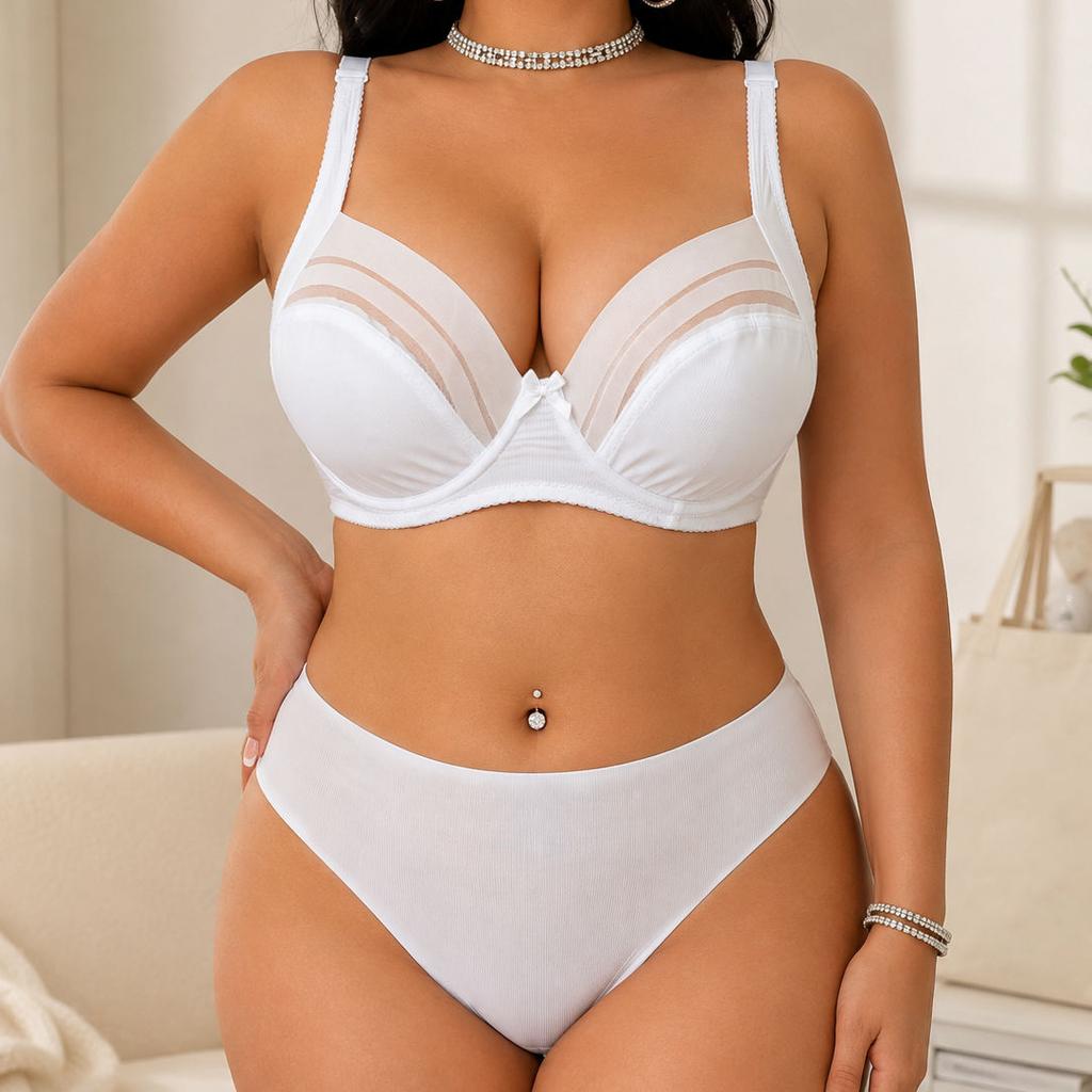 Plus Size Women Bra Set Underwire Thin Cup Mesh Sheer Lingerie Set Breathable Push Up Brassiere Panty Set 85C-110C 85D-110D