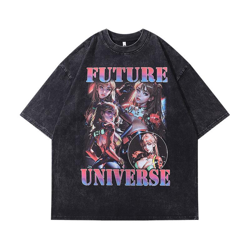 Harajuku Japanese Cartoon Printing Tide Brand Short-Sleeved T-Shirt Men'S And Women'S Hip-Hop Vibe Washed And Made Old Half-Sleeved Tee Shirt
