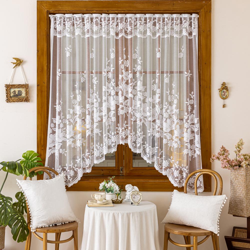 1PC Nuan Series White Floral Lace Window Valance Vintage Embroidered Sheer Curtain for Living Room Bedroom Home Decor