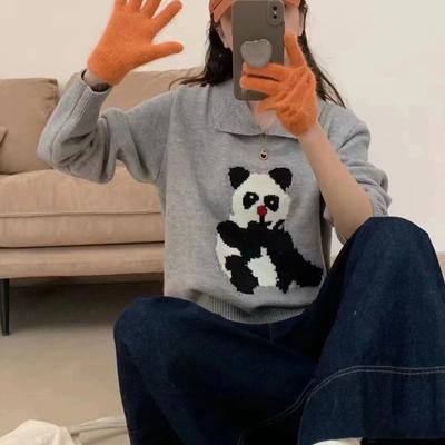 Cartoon Panda Kleiner Revers Niedlich Wind Süß Locker Gestrickter Pullover Damen