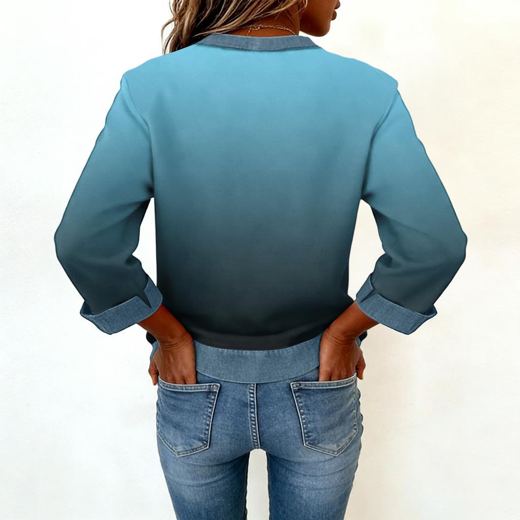Felpa Casual da Donna con Collo in Denim Patchwork e Cuciture, Maglia a Manica Lunga