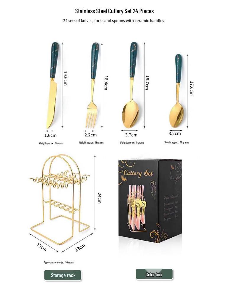 Set di Posate da 24 Pezzi in Acciaio Inossidabile con Manici a Fantasia Marmo e Porta Posate: Include Coltello da Bistecca, Forchetta, Cucchiaio e Cucchiaino.