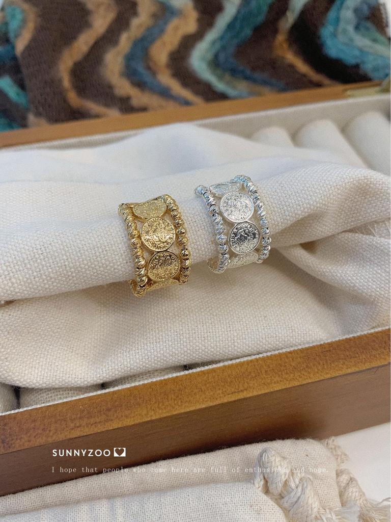 San Francisco Vintage Chic Wide Band Brass Ring, White Gold Plated Retro Index Finger Ring