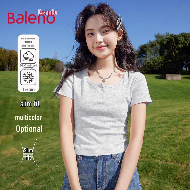 

Baleno Women s U-Neck Button Short Sleeve Slim T-Shirt L