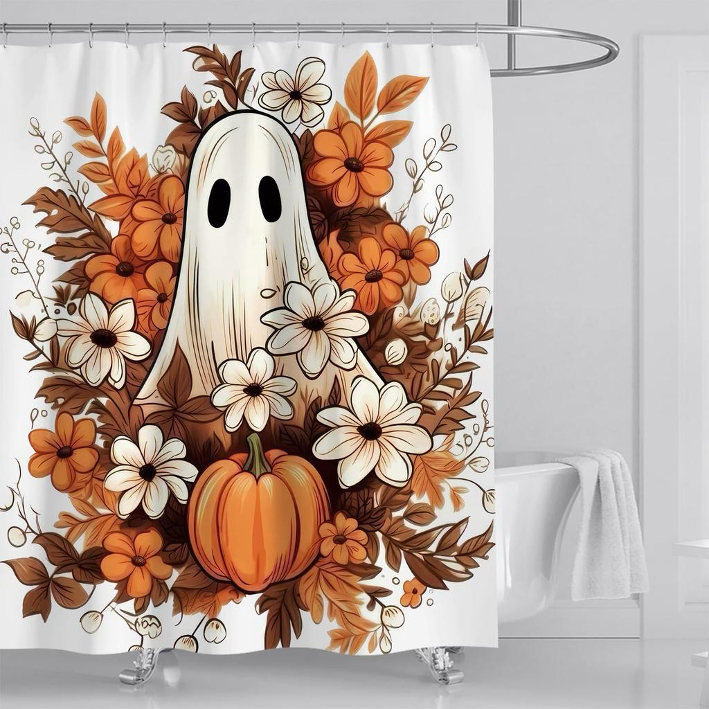 4Pcs Halloween Shower Curtain Set Fall Autumn Floral Design with Ghost And Pumpkin Elements Anti-Slip Bathroom Decor Accessories