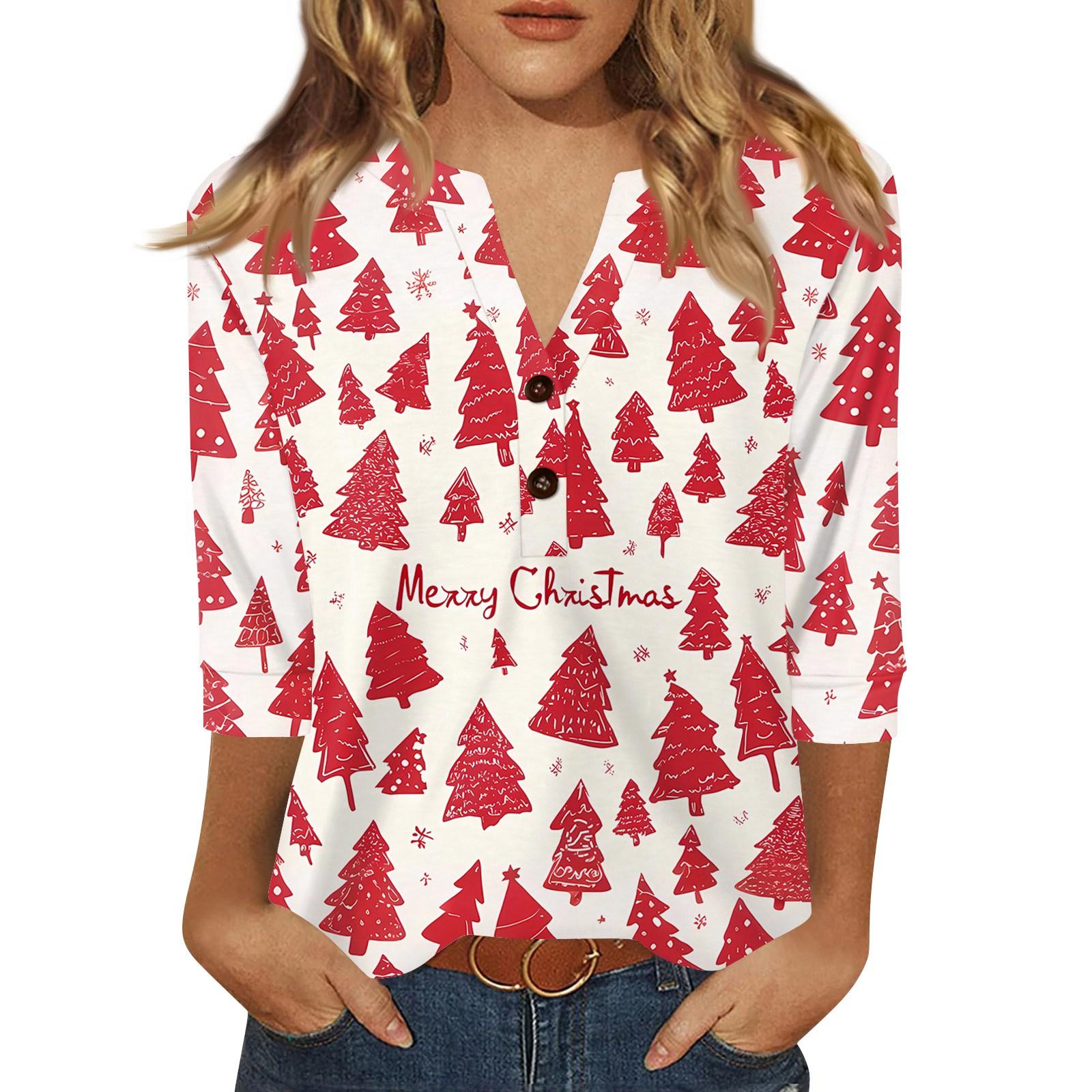 

Женская футболка с рождественским принтом, на пуговицах, рукав 3/4, повседневная, выходного дня, модная, базовая, с V-образным вырезом, стандартный топ S белый