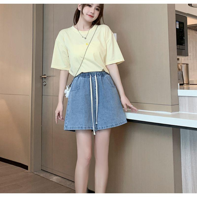 European and American Summer Students Plus size women clothing Drawstring Simple A Word Covering Loose Wide Leg Demin shorts Hot Pants S-5XL