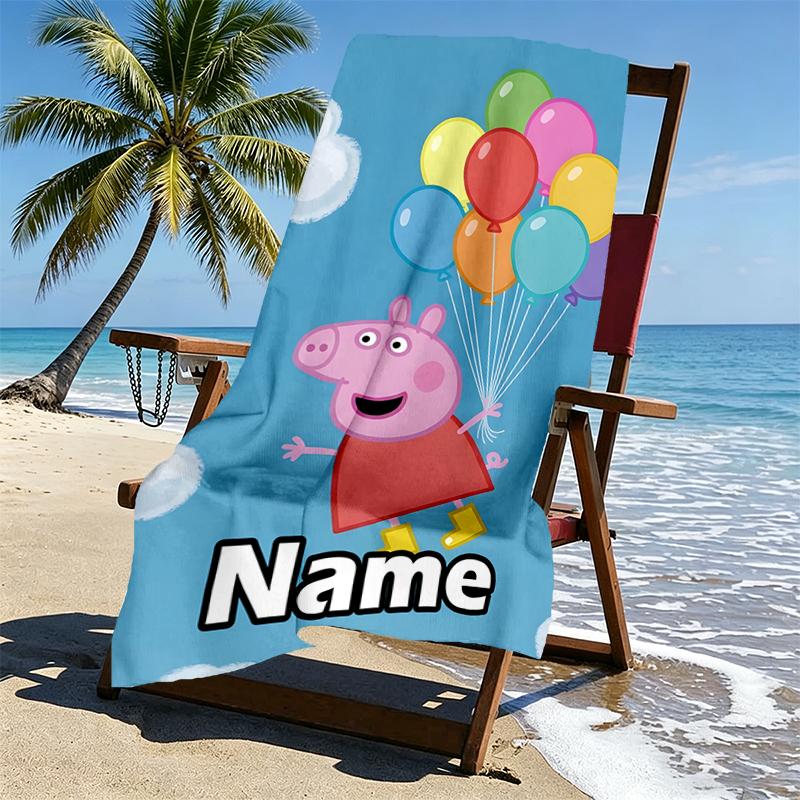 Custom Name Personalized Peppa Pig Print Beach Towel, for Trip Camping Beach Party Home Decor, Birthday Gift for Family & Friends