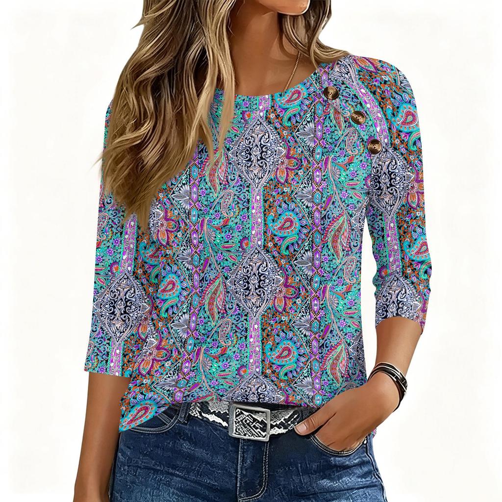 Women 34 Sleeve Crew Neck Button Decor Top Geometric Pattern Casual Loose Fit Blouse for Daily Wear Office Travel