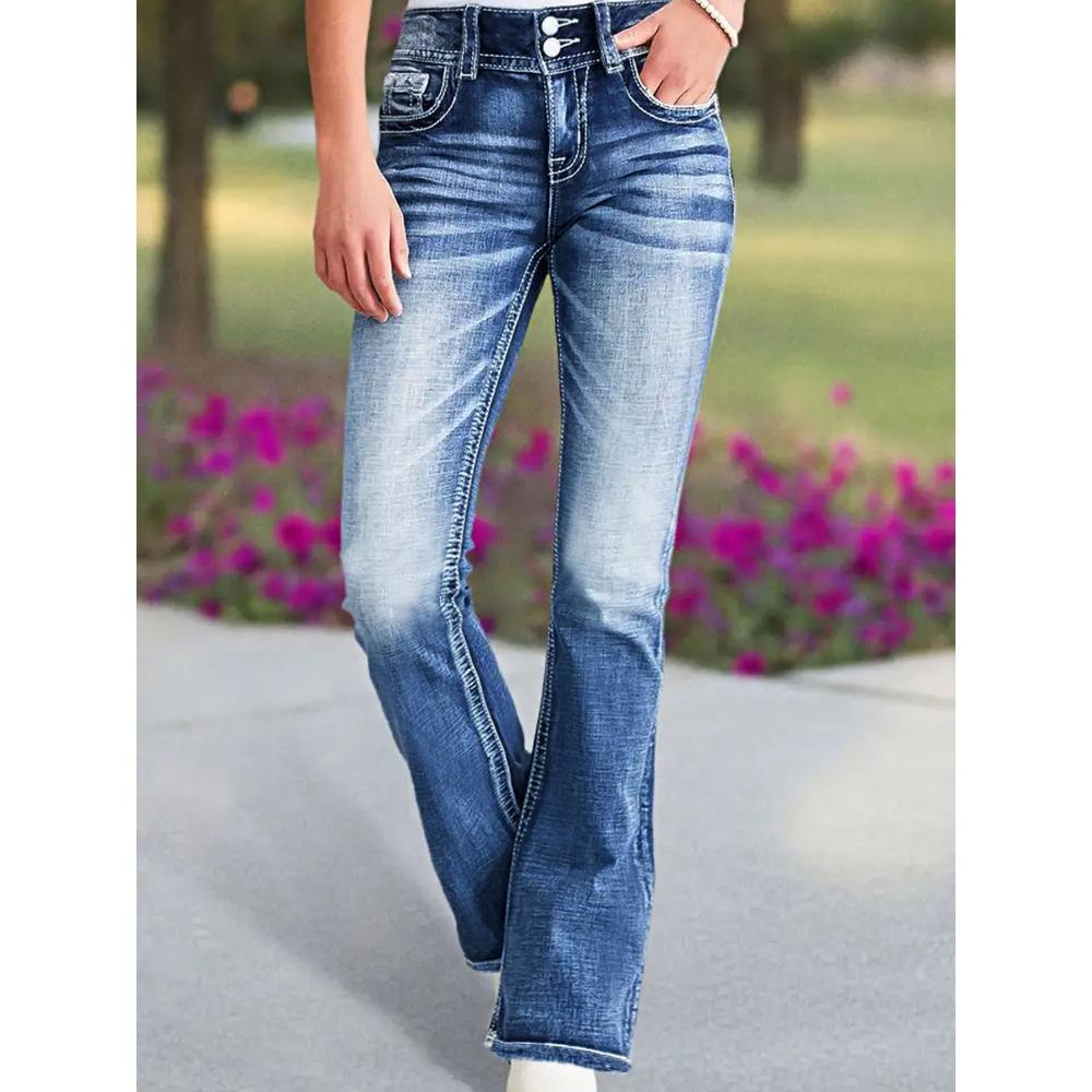 Women's Double Button High Waist Flared Jeans Stretch Washed Denim Bootcut Pants Vintage Casual Long Denim Trousers