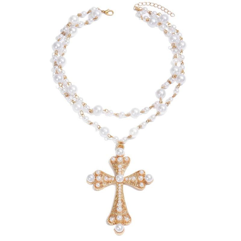 Oversized Cross Necklace Exaggerated Pearl Jewelry Punk Cool Style High-end Women's Necklace