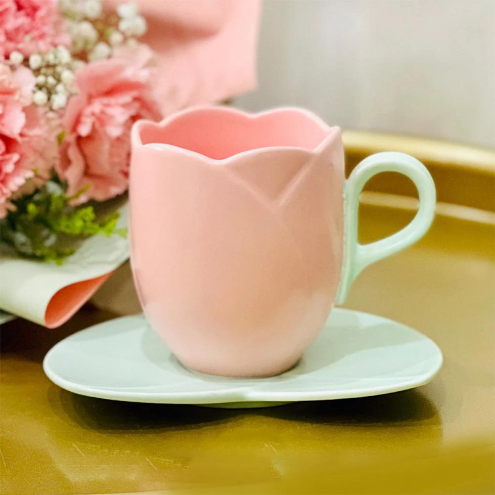 Lovely Tulip Drinking Cup with Saucer Ceramic Tulip Shaped Teacup Creative Vintage Mug Home Afternoon Tea Cappuccino Tableware