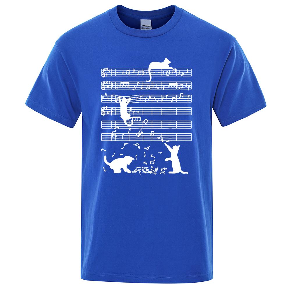 Cotton T Shirt Printed Cat Playing Staves Funny T-shirts for Men Summer Short Sleeve Top Tee Shirts Casual Basic Mens T-shirt