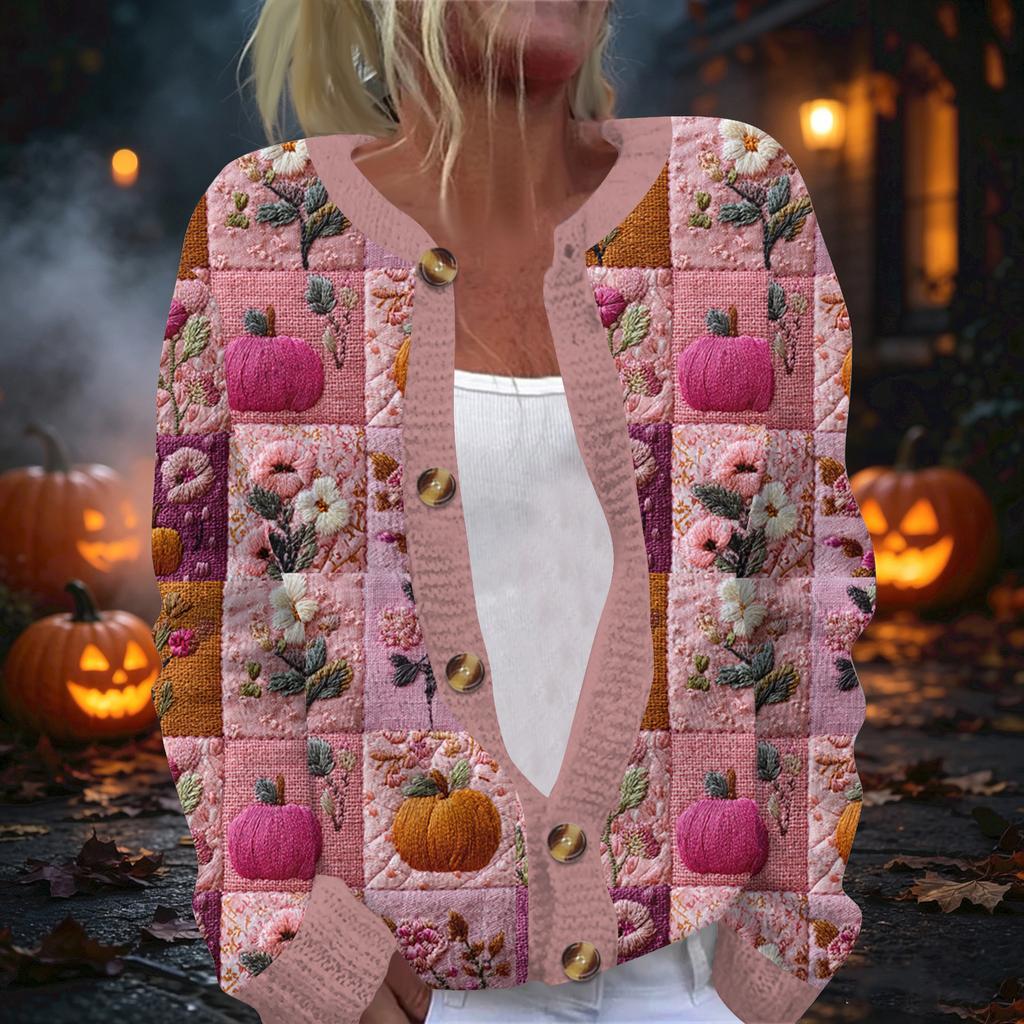 Women's Halloween Print Long Sleeve Knit Button Front Cardigan