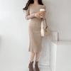 Autumn Vintage V-neck Waist Design Slim-fitting and Thin Hip Skirt Long-sleeved Women's Knitted Dress