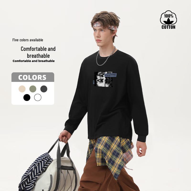 Mark Hua Fei Men's Trendy Heavyweight Loose Fit Pure Cotton Long Sleeve Crew Neck T-Shirt