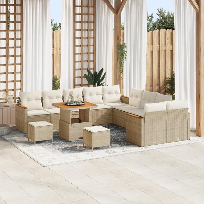 VidaXL Ensemble de canapé de jardin 13 pièces avec coussins en poly rotin beige acacia 3365051