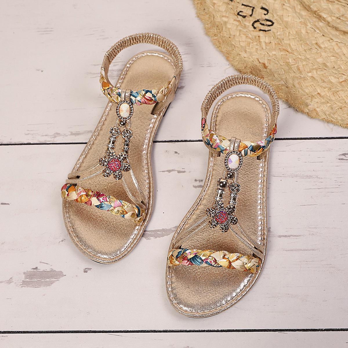 

Жіночі сандалі літо нові кольорові плетені з бісеру з круглим носком зручні плоскі сандалі 38 бежевий