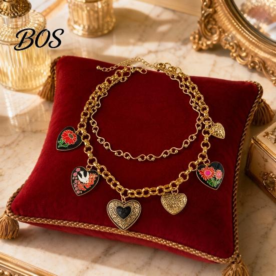 Strong Chain Necklace Floral Heart Charms Necklace, Double Layer Vintage Choker Oval Faux Old Metal Texture Pendant Diamond Ring, Enamel Pendants