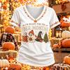 Women's Thanksgiving Print Short Sleeve V-Neck Casual Pullover Top for Fall Holiday