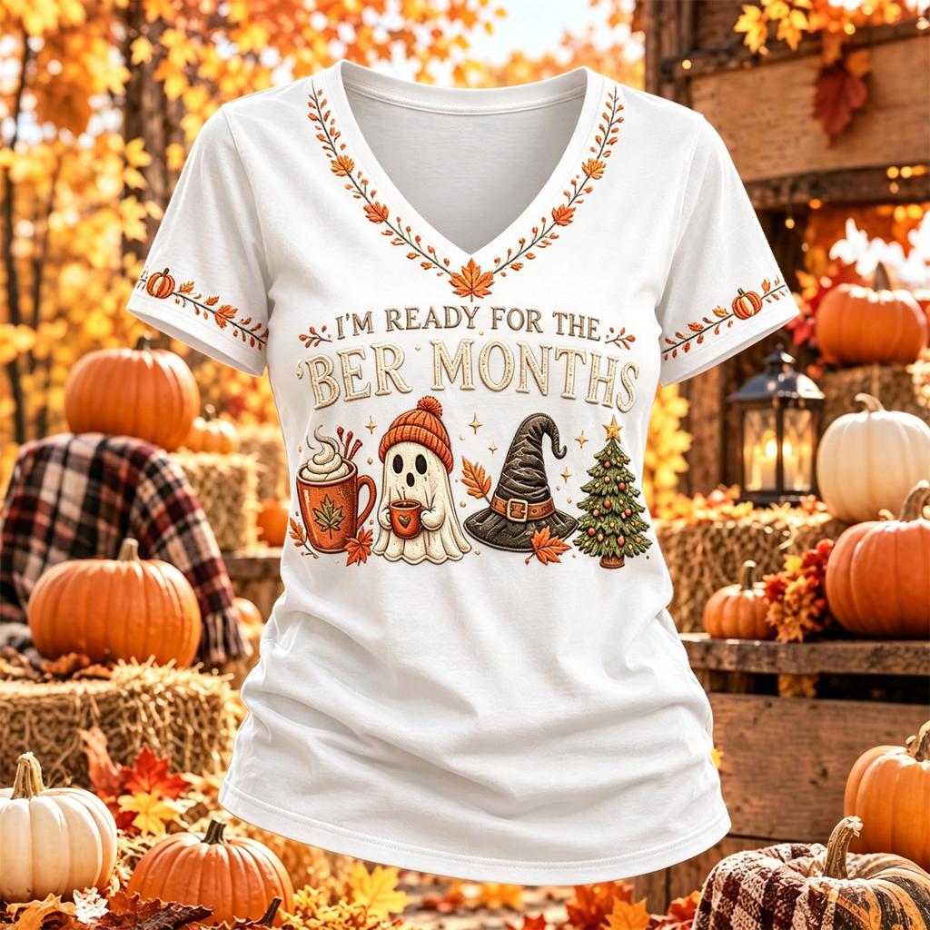 Women's Thanksgiving Print Short Sleeve V-Neck Casual Pullover Top for Fall Holiday