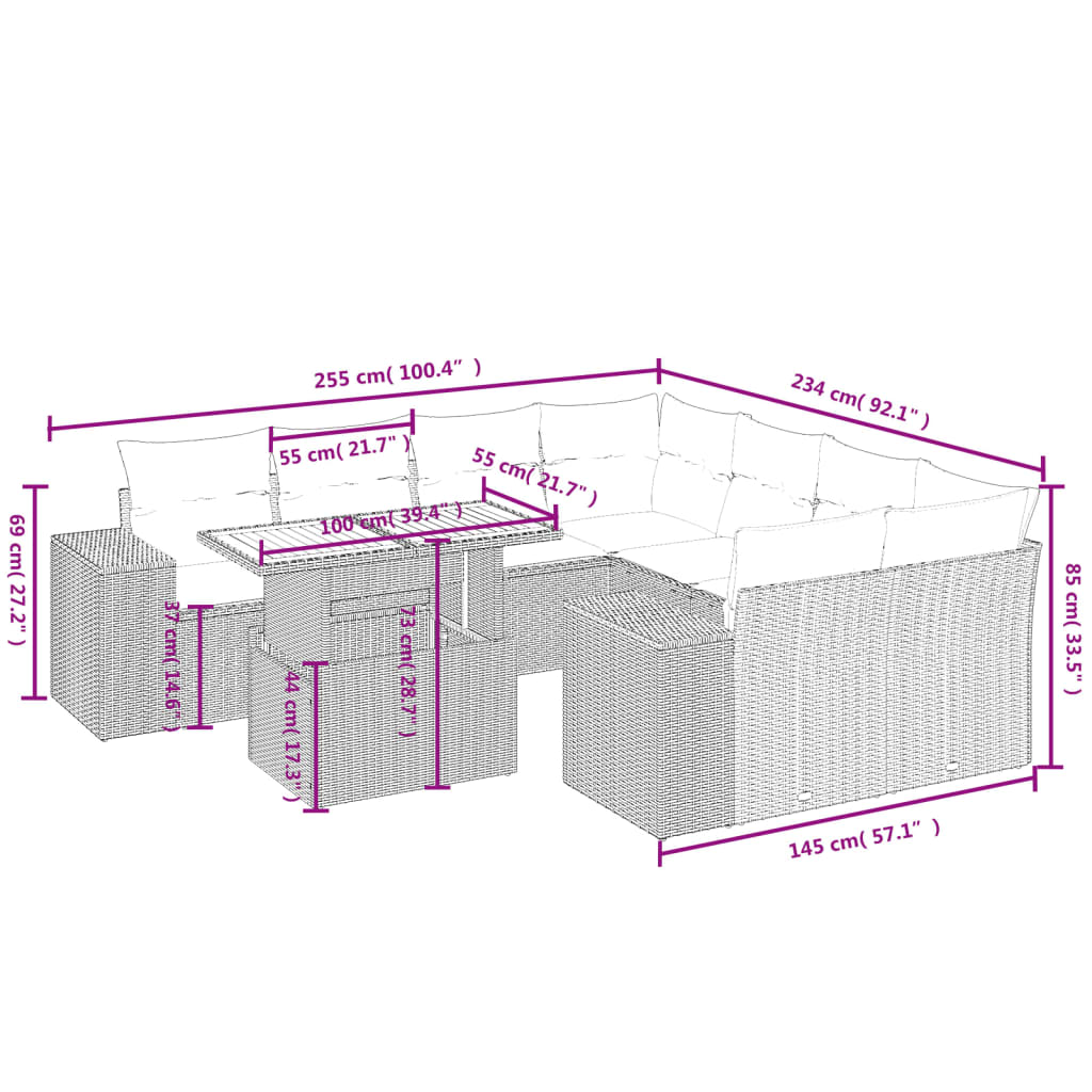 Vidaxl 9-Cz. Gartenmöbel-Set mit Kissen, Grau, Polyrattan