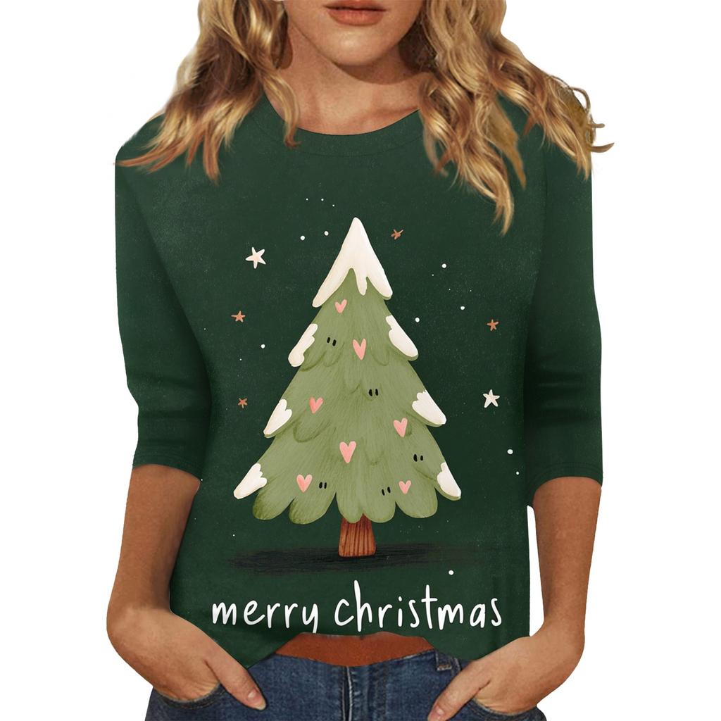 Women's O-Neck 3/4 Sleeve Christmas Print Top