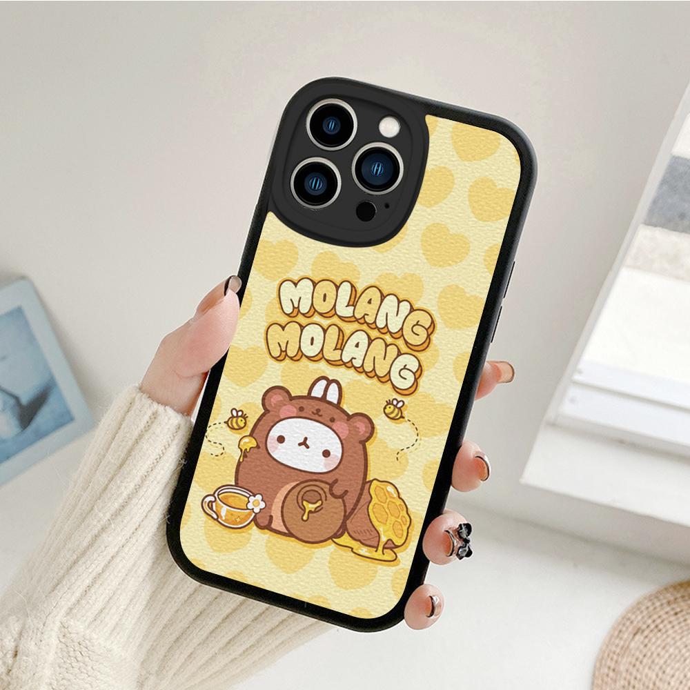 Kawaii Molang Cartoon Anime Cat Phone Case for Iphone 14 13 11 12 Pro MAX 13 12 MiNi 7 8 Plus X XS XR Lambskin Protective Covers