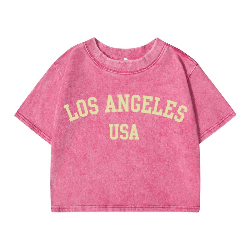 Women'S Cotton Washed T-Shirts Trend Regular Fit O-Neck Crop Tees Los Angeles, Usa Printing  Clothes