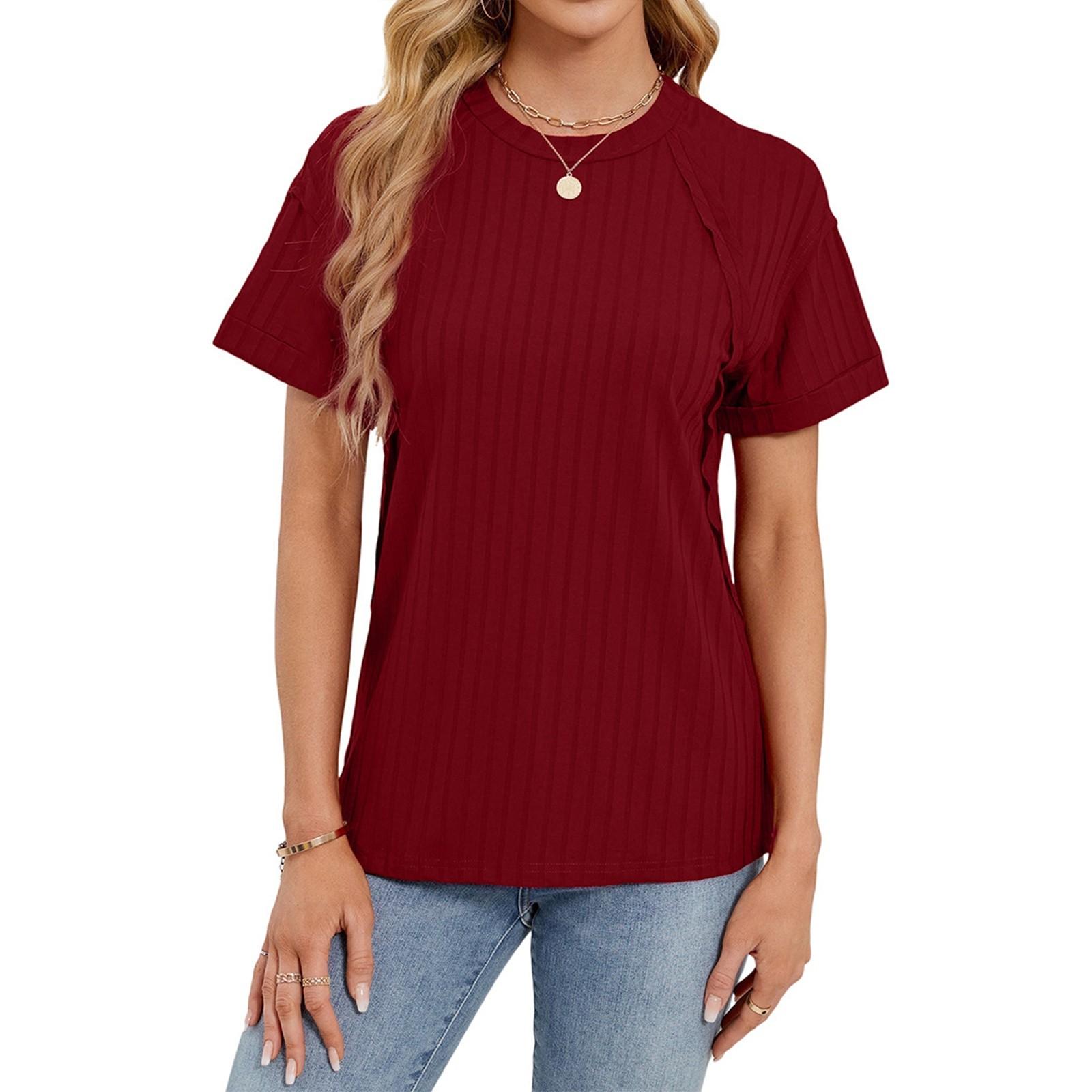 

Women s Fashion Solid Color Round Neck Short Sleeved Pullover Casual T-shirt Top M винний