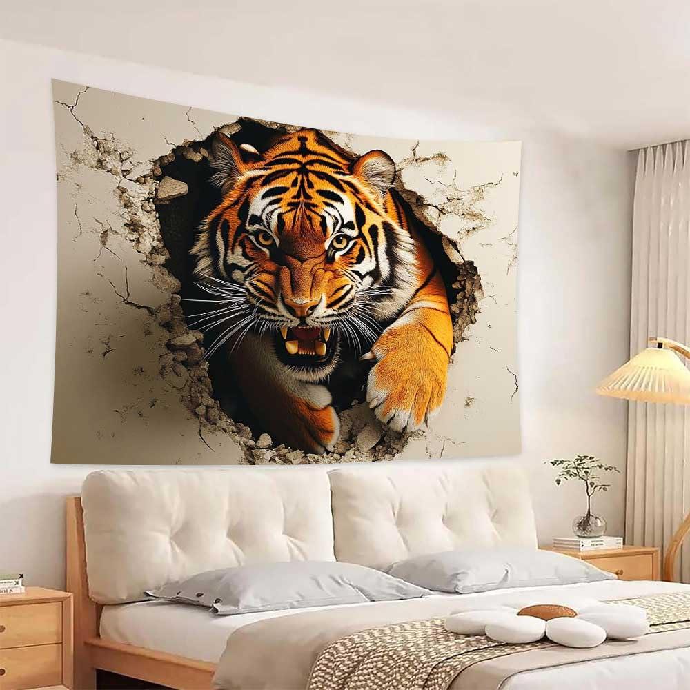 VIKAMA 3D Tiger Bursting Through Wall Tapestry  Perfect for Adding Dramatic and Bold Style to Any Room Decor Ideal for Home