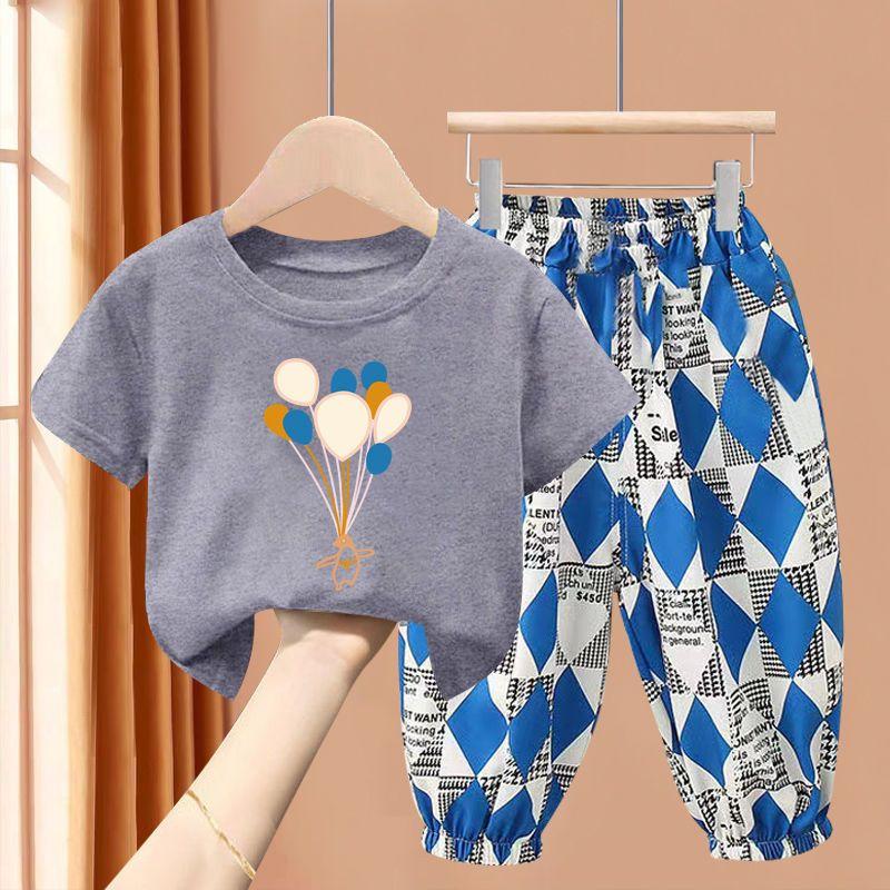 New Boys' Short Sleeve Set Medium and Small Girls' T-shirt Two Piece Set