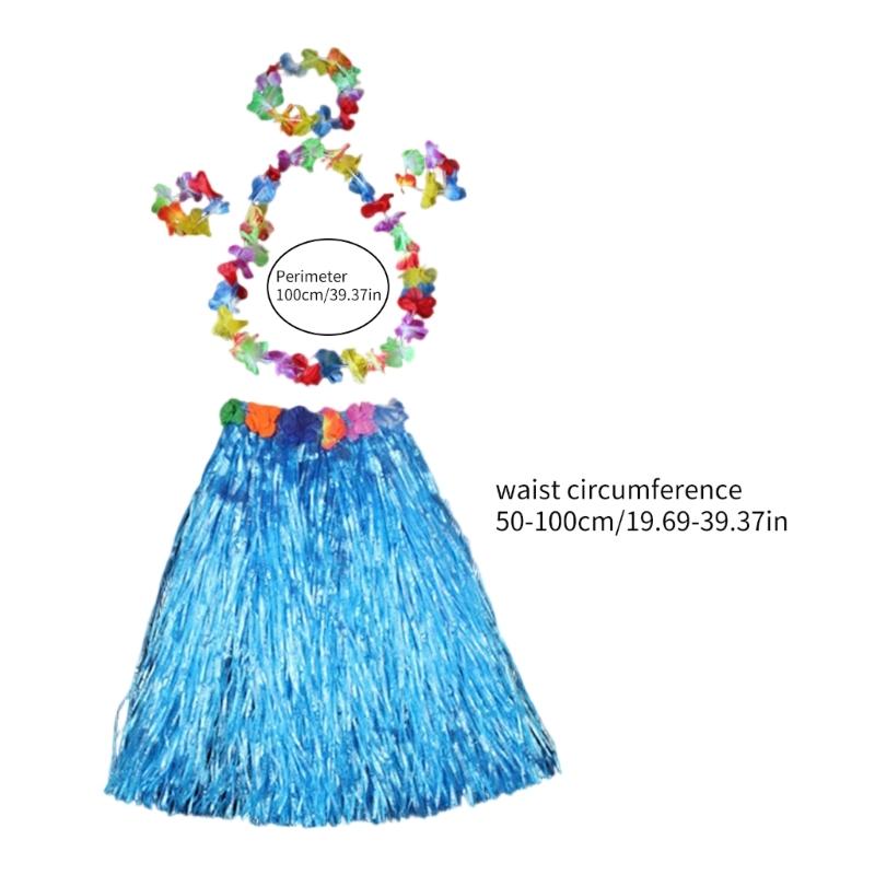 Hawaiian Hulas Grass Skirt with Flower Costume Outfits Set Necklace Headband Bracelet for Luaus Tropical Beach Party Decor
