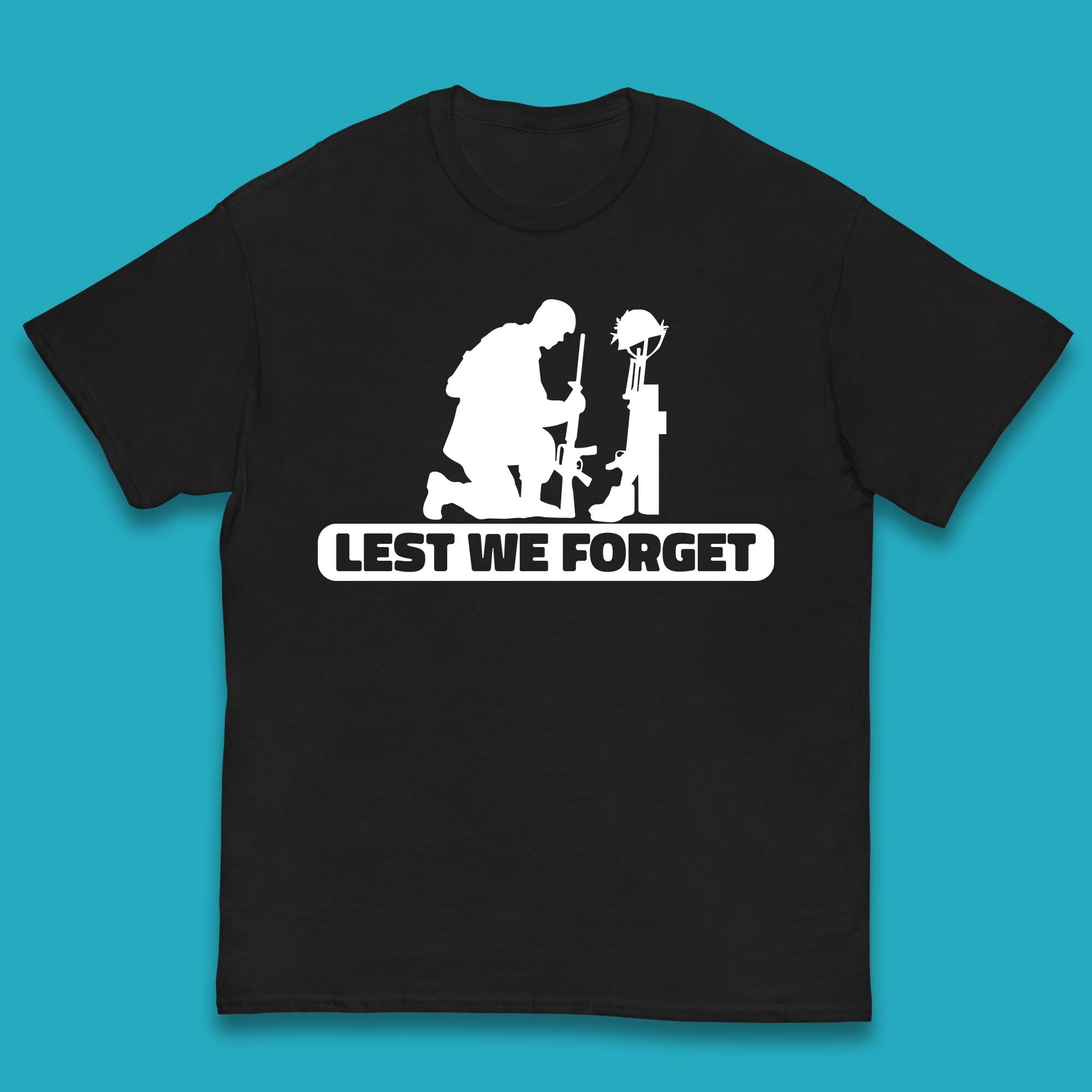 Lest We Forget Kneeling Soldier Remembrance Day British Armed Forces Day Kids T Shirt 140