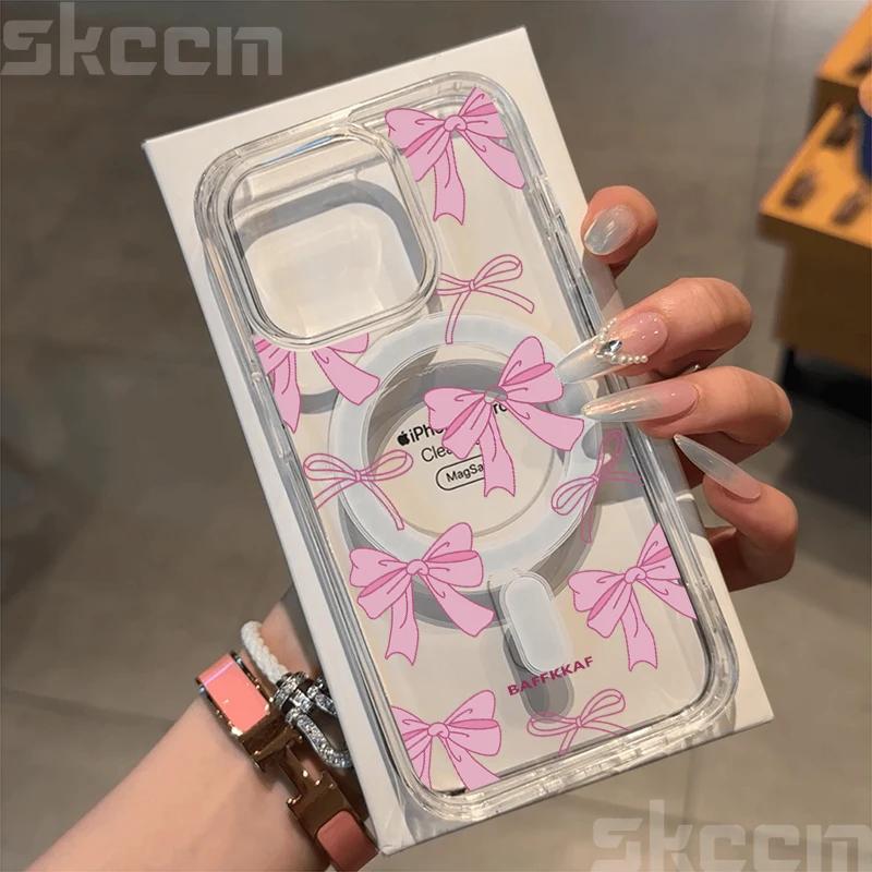 Pink Blue Bow Magsafe Magnetic Case For iPhone 16 15 14 13 12 11 Pro Max X XR XS 7 8 16 Plus Wireless Charging Clear Hard Cover