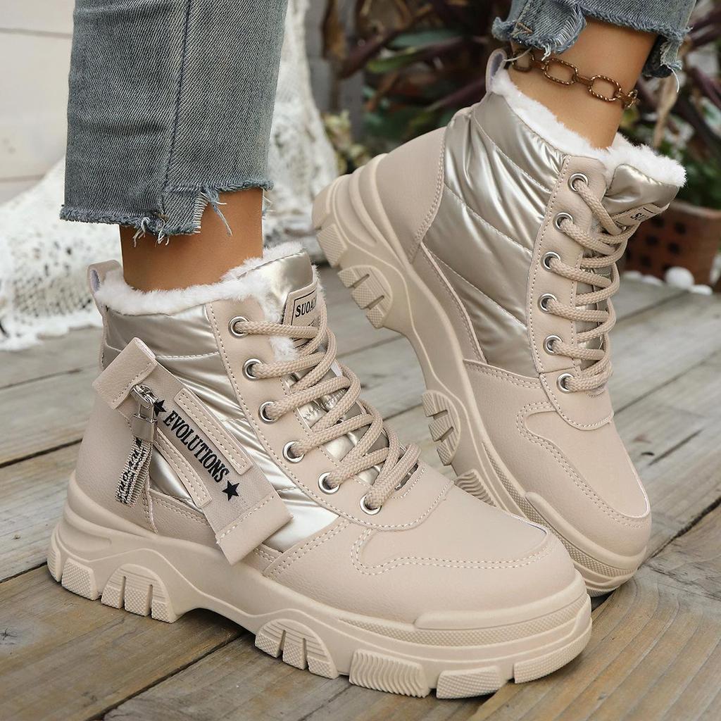 Damskie Zimowe Sneakersy z Futrem Białe Damskie Sneakersy na Platformie Ciepłe Damskie Sneakersy Gruba Podeszwa Skórzane Wysokie Top Codzienne Buty