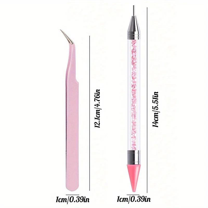 2Pcs Nail Art Diamond Pens with Diamond-encrusted Crayons with Stainless Steel Tweezers Nail Grafting Eyelashes Manicure Tools