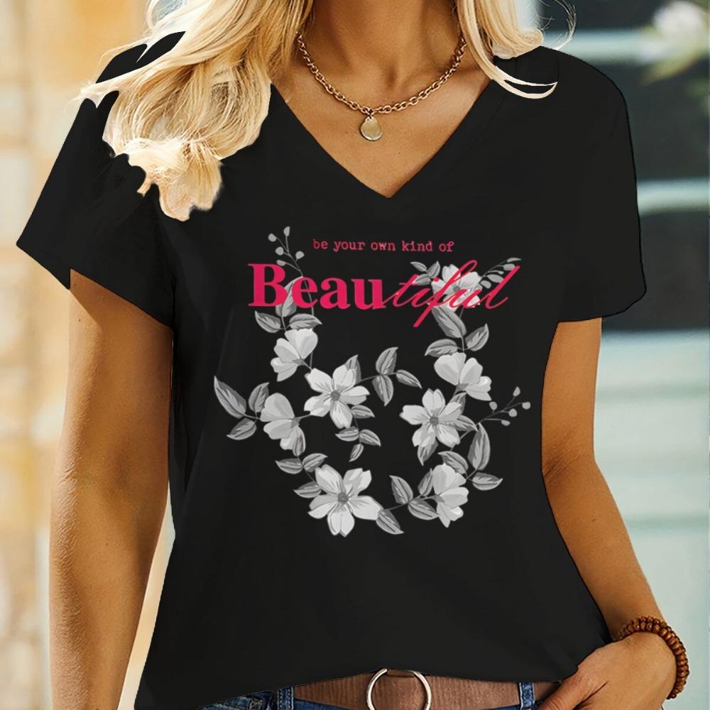 

Be Your Own Kind of Beautiful Graphic T Shirts Women Inspirational Flower Print T-shirt Floral Casual Short Sleeve V-neck Tee S