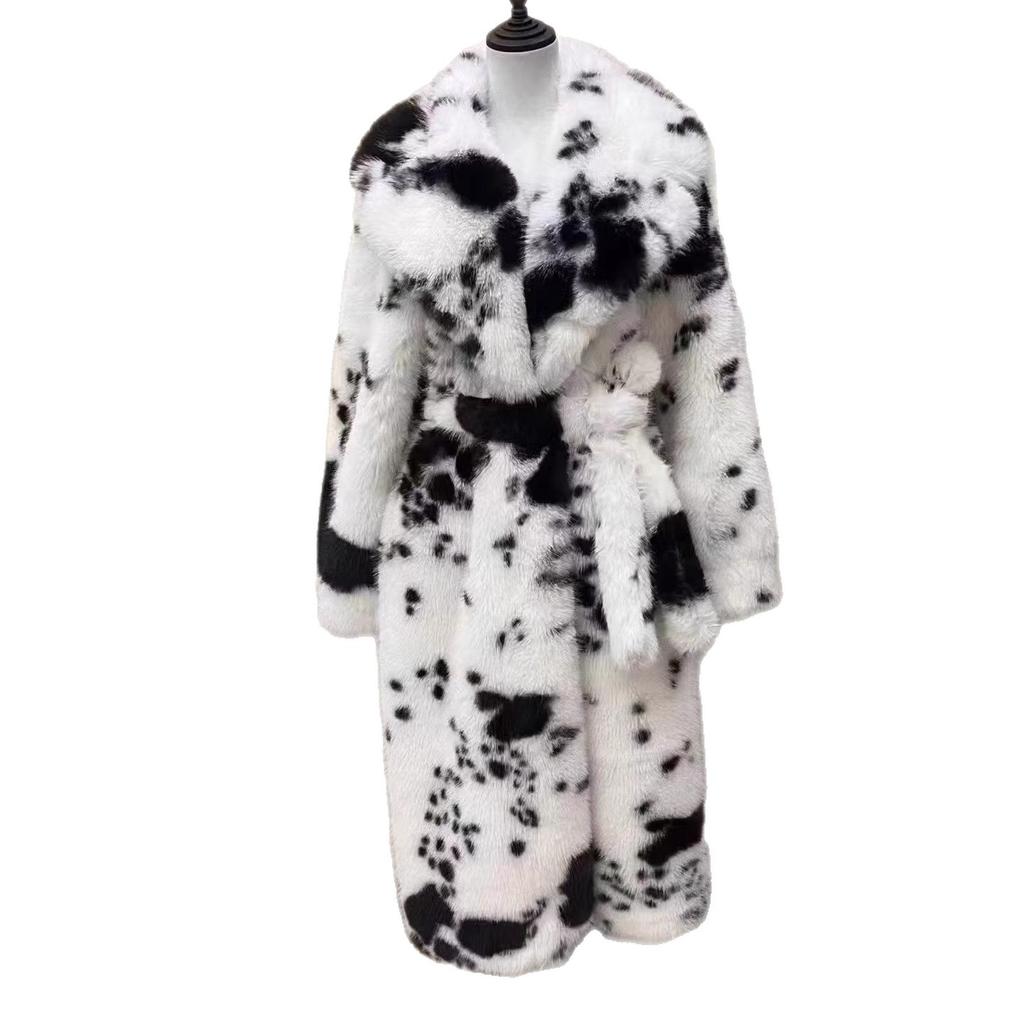 Retro Trendy Atmosphere Irregular Brown Cow Pattern Lapel Loose Environmentally Friendly Fur Coat Medium Long Coat