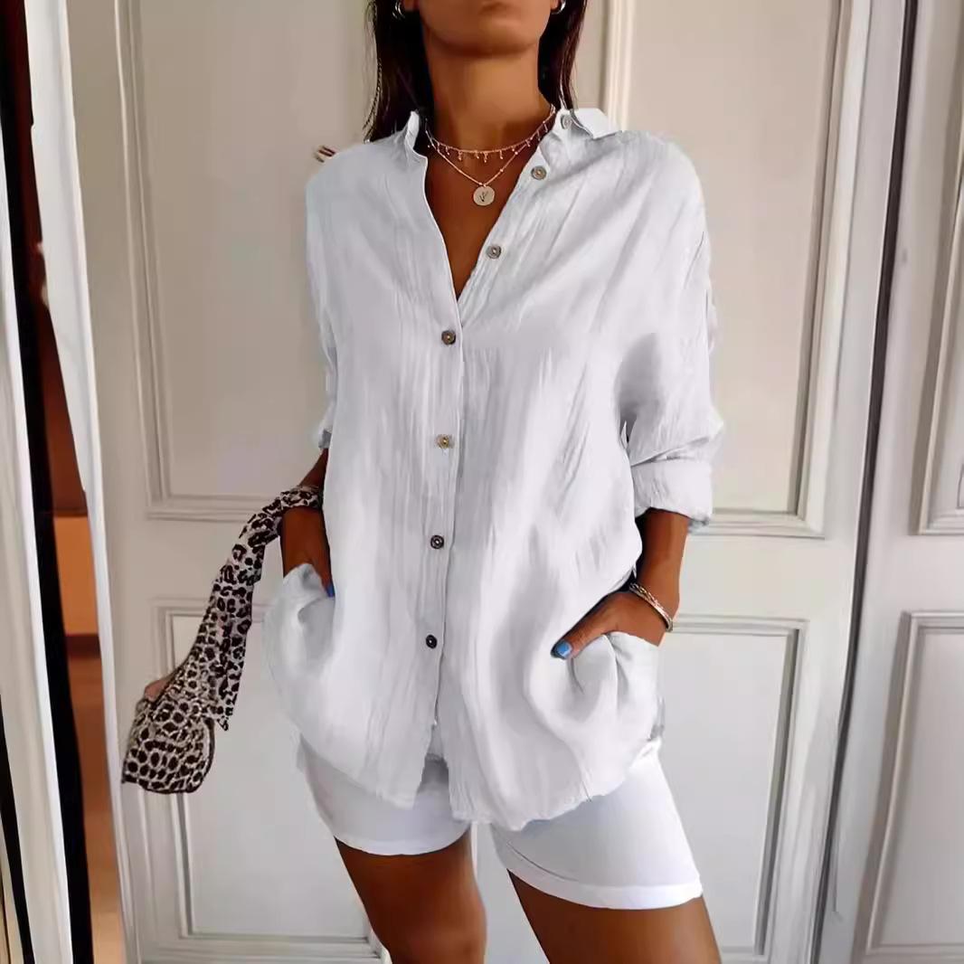 

GMXIA Однобортная рубашка с плиссированными лацканами, женская, однотонная, с подтягивающимися рукавами XXXXL белый