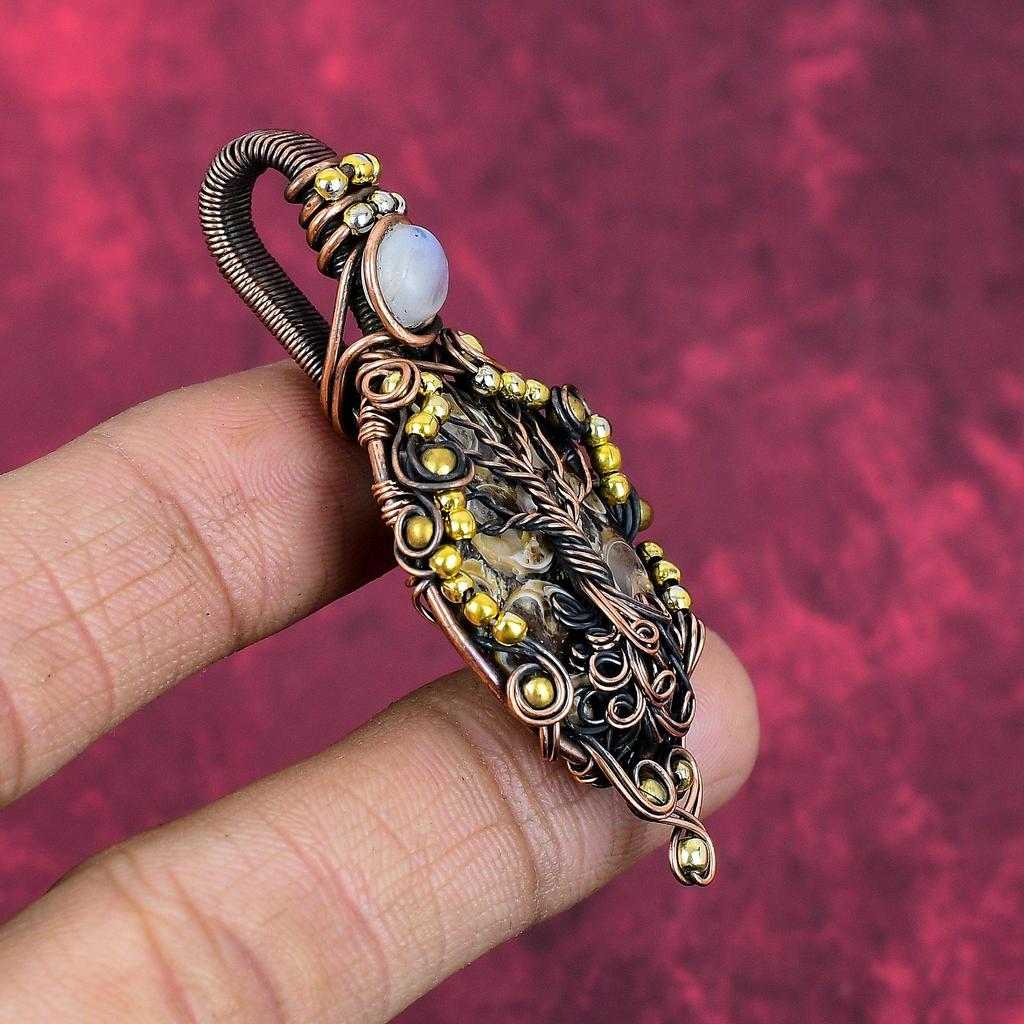 Livets träd turritella agat hänge koppartråd lindad smycke regnbågsmånsten ädelstenshänge handgjort kopparhänge presenter till honom