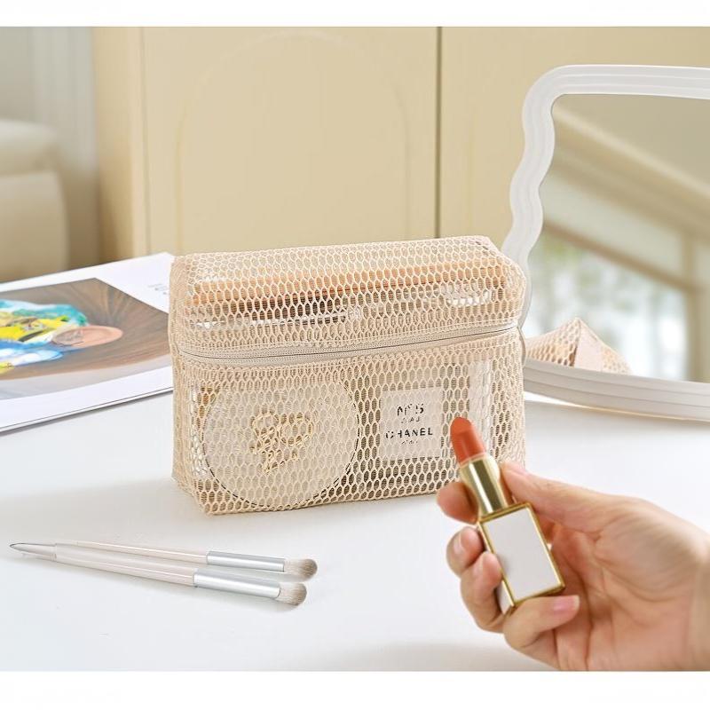 Beige Zipper Mesh Storage Bags Tear Resistant Breathable Visible Organizer for Business Trip Toiletries Makeup Storage