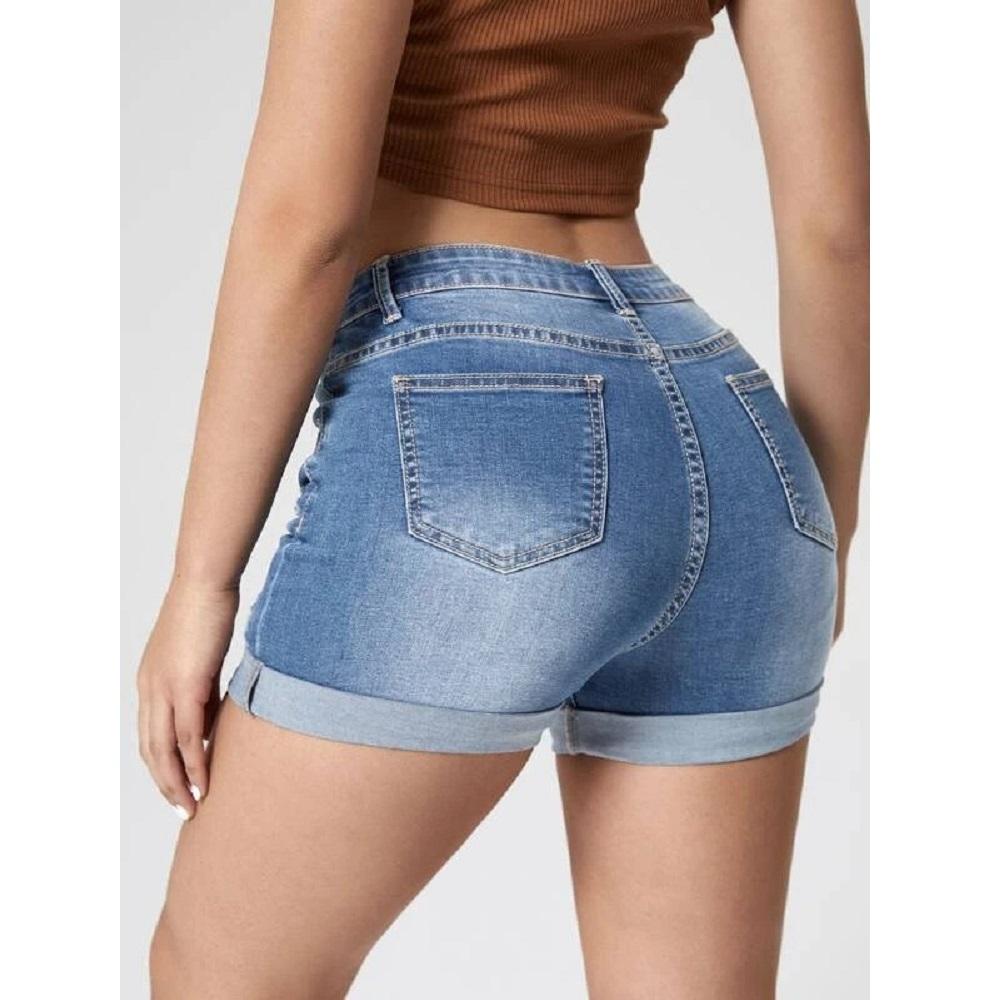 Pantaloncini Jeans Donna Vita Alta Elasticizzati Bermuda Estivi Casual Denim Largo Blu Scuro Taglia M