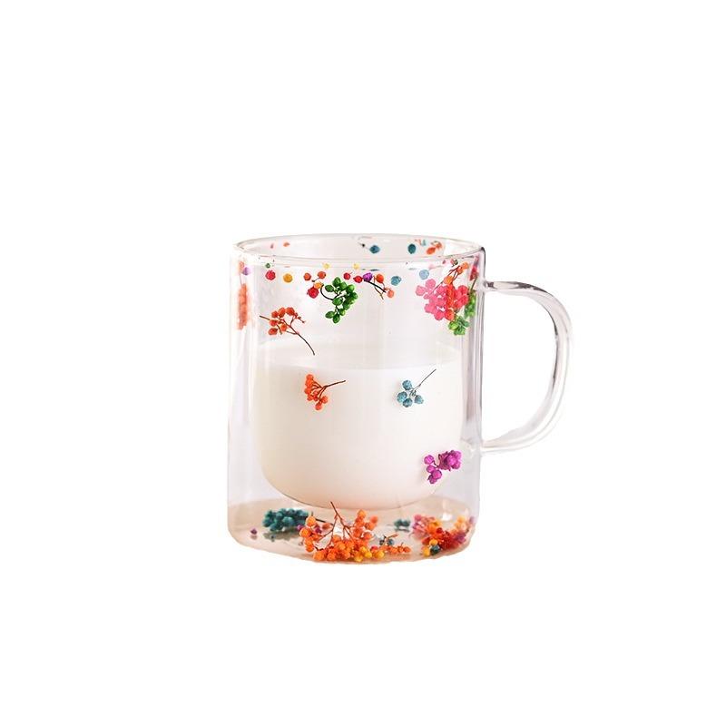 Export Double Cup Real Flower Dried Flower High Borosilicate Glass High Value Milk Cup Juice Cup Coffee Cup