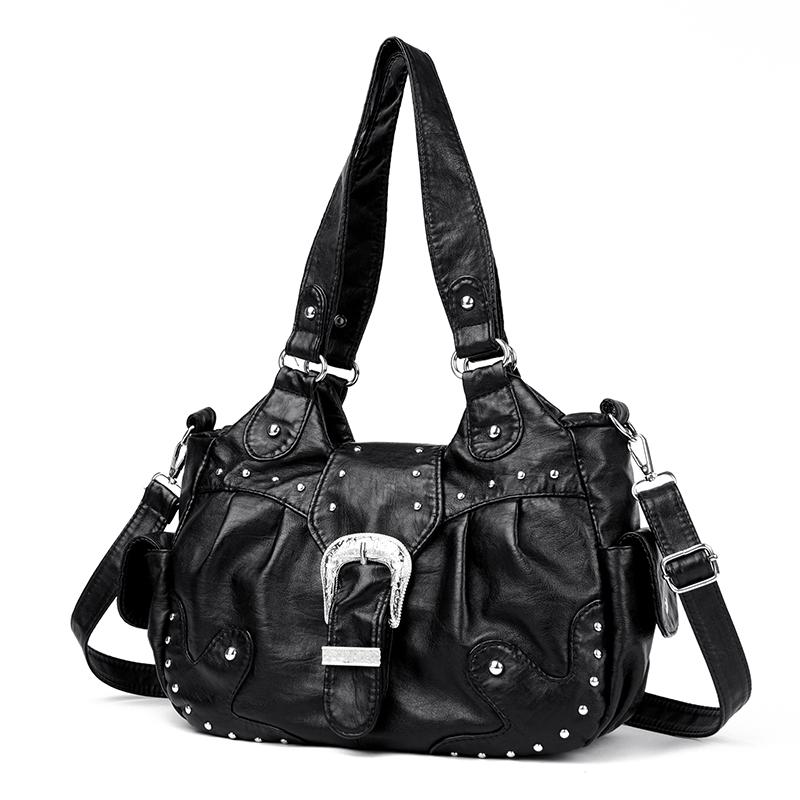 Stilvolle Lederhandtasche mit silbernen Nieten und Metallschnalle Damen Hohe Kapazität Vintage Weiches Leder Damen Lässige Schulter-Umhängetasche Reise