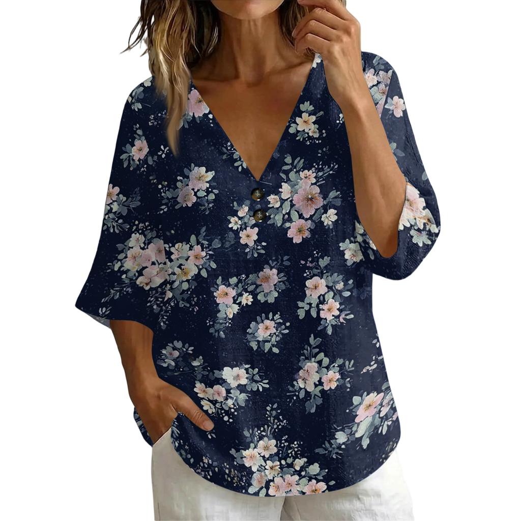 Women V Neck Vintage Floral Print Loose Fit Short Sleeve Blouse Linen Blend Casual Top for Everyday Wear Summer Spring