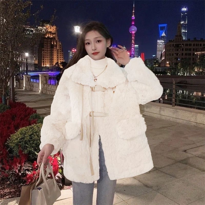 Autumn Winter New Thickened Fur One Piece Imitation Rabbit Hair Lamb Fur Standing Collar Loose Fur Coat Fashion Women