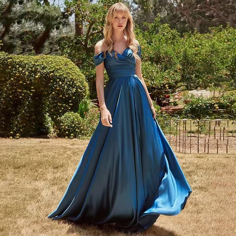 

Платья на выпускной с открытыми плечами из шелкового атласа, длинные формальные платья для вечеринки в качестве гостя на свадьбе, платье с разрезом S
