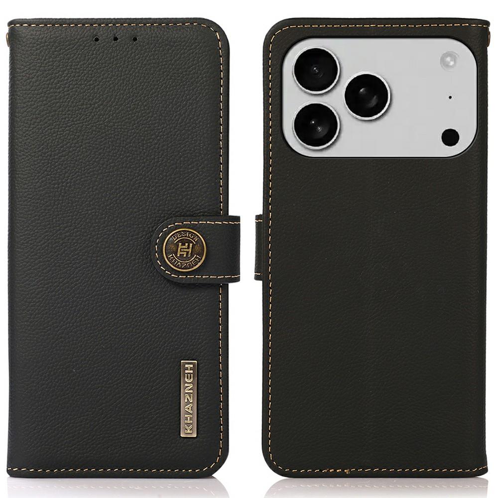 KHAZNEH pro iPhone 17 Pro Max Pouzdro Pravá hovězí kůže Blokování RFID Peněženka Kryt na telefon