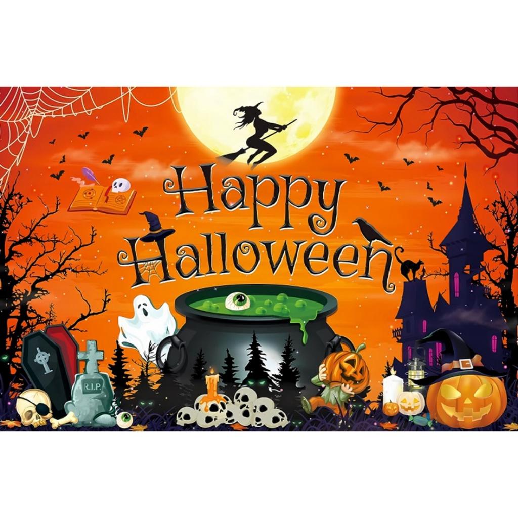 1pc Orenge Happy Halloween Party Backdrop with Moon Pumpkin Bats Witch Dustproof Banner for Halloween Themed Party Decoration